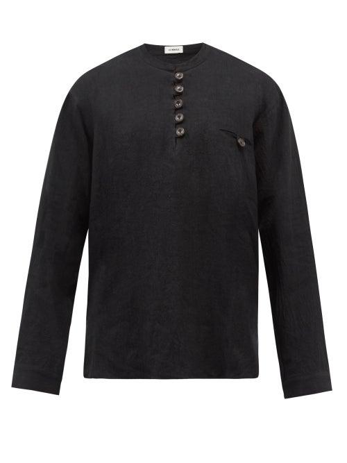 Commas - Collarless Quarter-button Linen-blend Shirt - Mens - Black