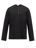 Commas - Collarless Quarter-button Linen-blend Shirt - Mens - Black