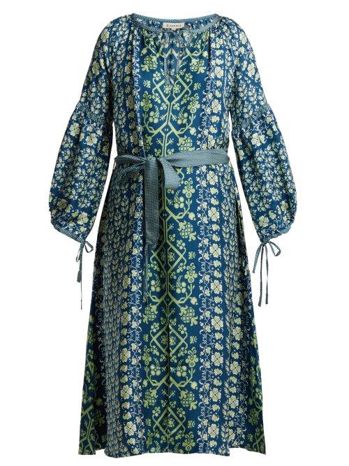 Matchesfashion.com D'ascoli - Toscana Balloon Sleeve Silk Dress - Womens - Navy Multi