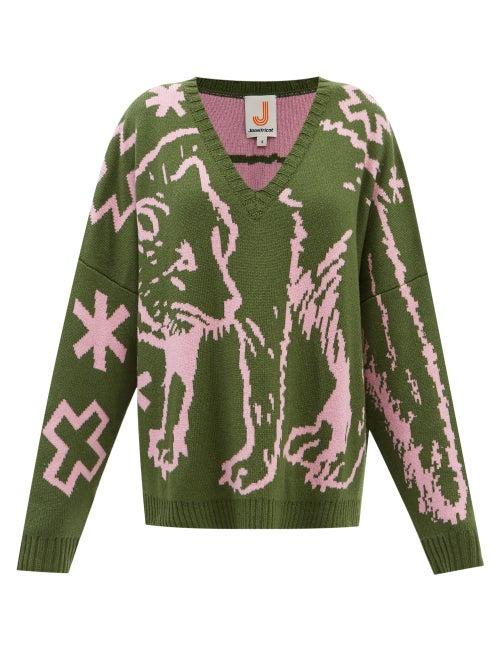 Joostricot - Reversible Fox-jacquard Wool-blend Sweater - Womens - Khaki Multi