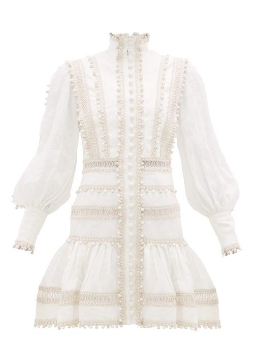 Matchesfashion.com Zimmermann - Super Eight Corded Ruffle-hem Linen Mini Dress - Womens - Ivory