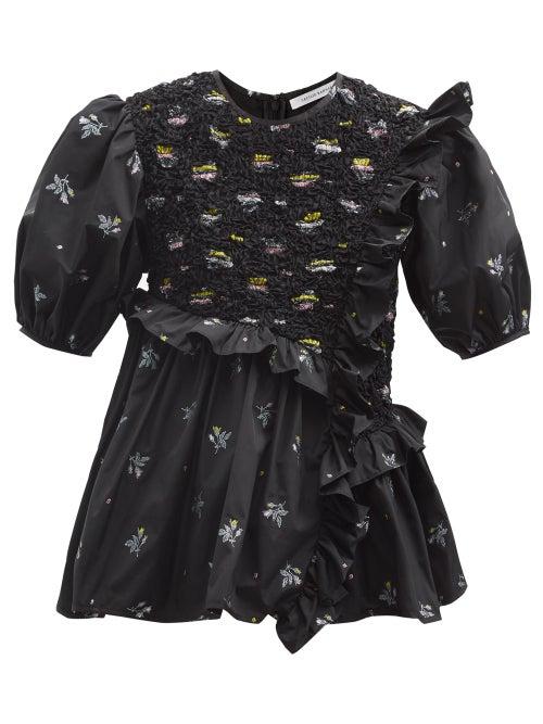 Matchesfashion.com Cecilie Bahnsen - Carlotta Hawthorn-embroidered Smocked-taffeta Top - Womens - Black
