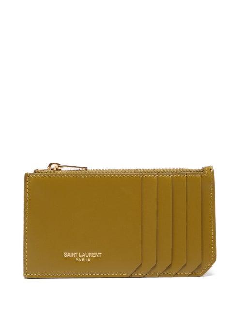 Saint Laurent - Foiled-logo Zipped Leather Cardholder - Womens - Khaki