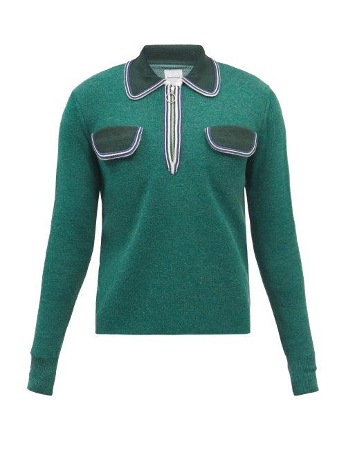 Sasquatchfabrix - Stripe-trim Zip-neck Polo Shirt - Mens - Green