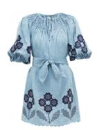 Matchesfashion.com Innika Choo - Hans Ufmafrk Smocked Linen Mini Dress - Womens - Denim