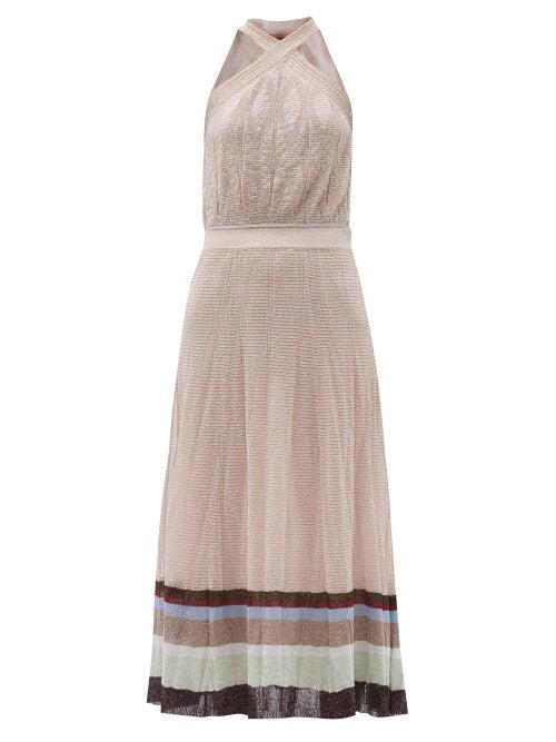 Matchesfashion.com Missoni - Crossover Halterneck Striped Lurex-knit Dress - Womens - Beige Multi