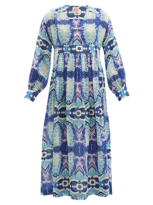 Matchesfashion.com Le Sirenuse, Positano - Callisat Fish Tail Print Cotton Dress - Womens - Blue Multi