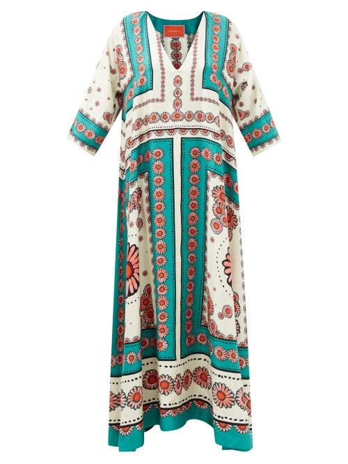 La Doublej - Muumuu Floral-print Silk-twill Maxi Dress - Womens - Green Red