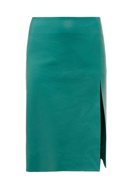 Matchesfashion.com Balenciaga - Front Split Leather Midi Skirt - Womens - Green