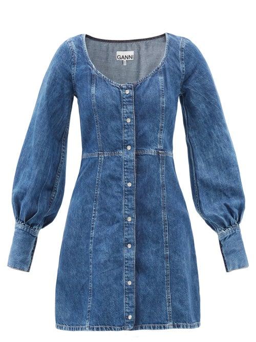 Ganni - Scoop-neck Denim Mini Dress - Womens - Mid Denim