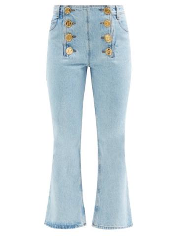 Ladies Rtw Balmain - Buttoned Cropped Flared-leg Jeans - Womens - Blue