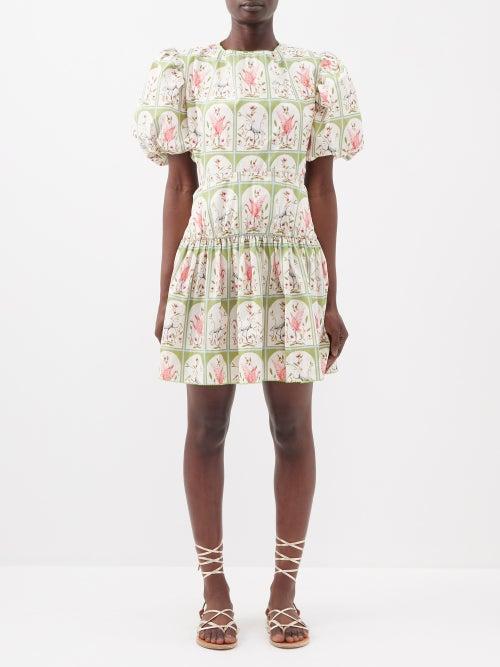 Agua By Agua Bendita - Verao Avian-print Cotton-poplin Mini Dress - Womens - Green Print