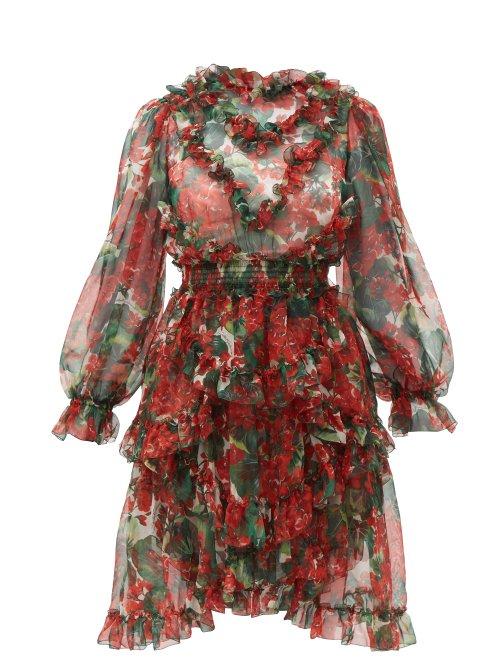 Matchesfashion.com Dolce & Gabbana - Geranium Print Ruffle Trimmed Silk Dress - Womens - Red Multi