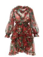 Matchesfashion.com Dolce & Gabbana - Geranium Print Ruffle Trimmed Silk Dress - Womens - Red Multi