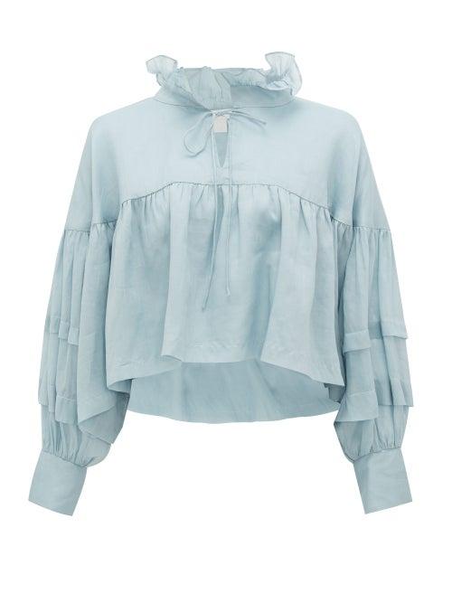 Matchesfashion.com White Story - Elkie Ruffled Cropped Blouse - Womens - Light Blue