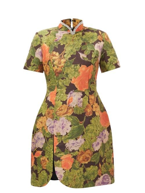 Matchesfashion.com Richard Quinn - Crystal-embellished Floral-print Satin Mini Dress - Womens - Orange Print