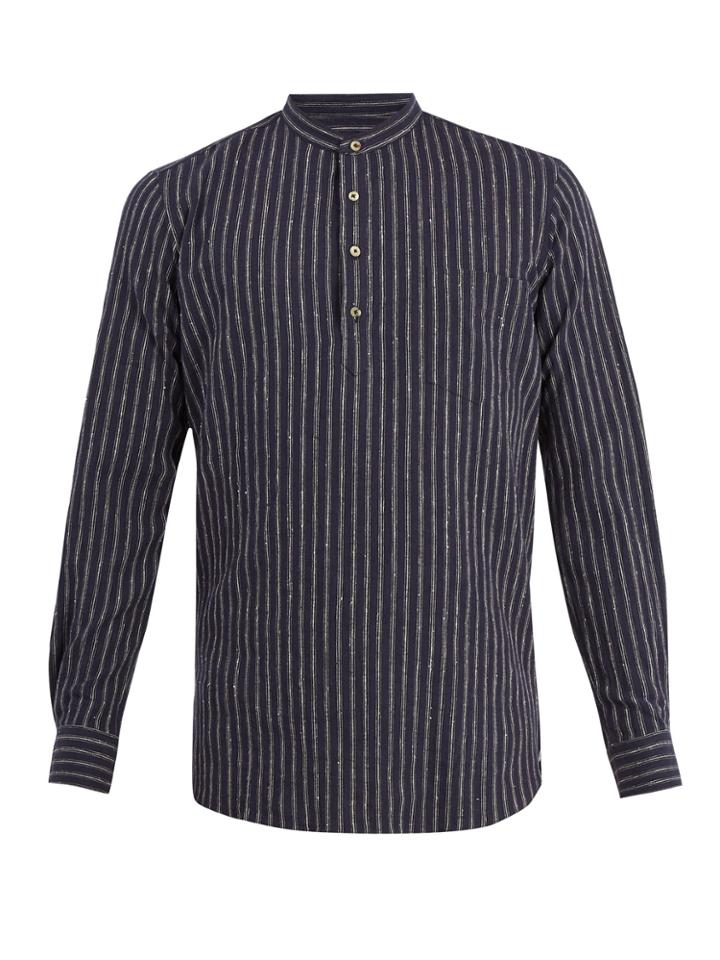 De Bonne Facture Grandad-collar Striped Linen-blend Shirt