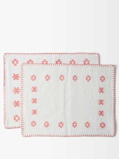 Pippa Holt - Set Of Two No. 32 Embroidered Cotton Placemats - Womens - White Pink
