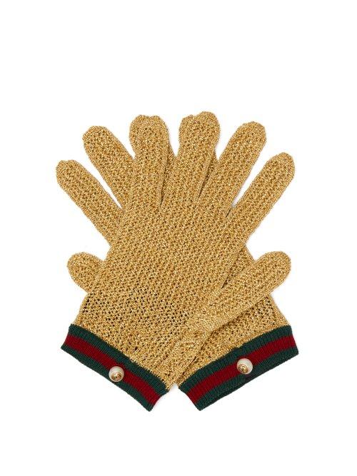 Matchesfashion.com Gucci - Web Striped Metallic Crochet Gloves - Womens - Gold