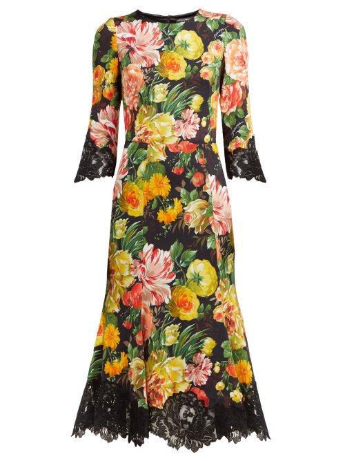 Matchesfashion.com Dolce & Gabbana - Floral Print Lace Trimmed Cady Midi Dress - Womens - Black Multi