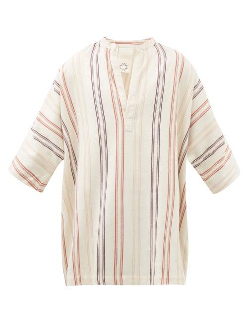 Marrakshi Life - Collarless Striped-cotton Shirt - Mens - Cream Multi