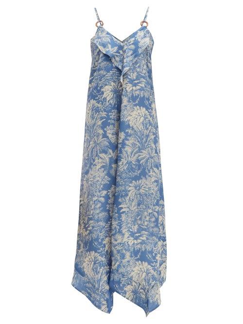 Matchesfashion.com Belize - Sada Tropical Print Satin Midi Dress - Womens - Blue Print