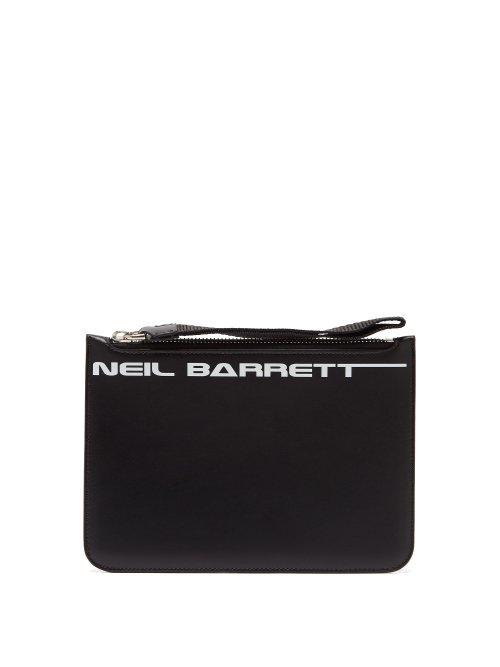Matchesfashion.com Neil Barrett - Logo Print Zipped Leather Pouch - Mens - Black