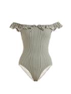 Matchesfashion.com Solid & Striped - The Amelia Off The Shoulder Swimsuit - Womens - Green Stripe