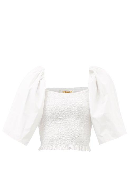 Ladies Beachwear La Doublej - Spritz Smocked Cotton-poplin Blouse - Womens - White