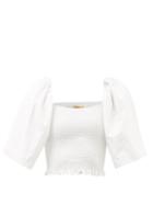 Ladies Beachwear La Doublej - Spritz Smocked Cotton-poplin Blouse - Womens - White