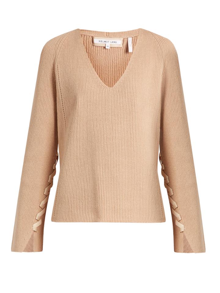 Helmut Lang Lace-sleeve V-neck Wool And Cashmere-blend Sweater