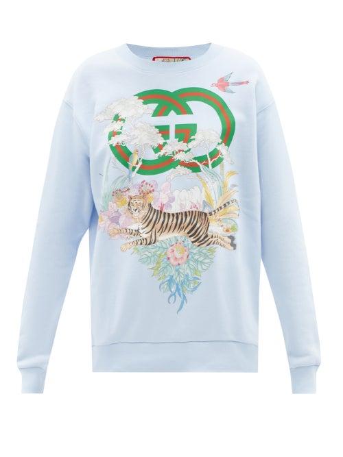 Gucci - Tiger Logo-print Cotton-jersey Sweatshirt - Womens - Light Blue
