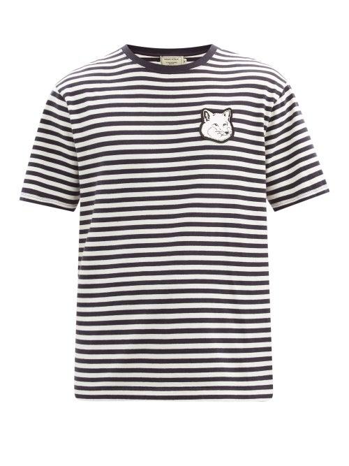 Matchesfashion.com Maison Kitsun - Marin Fox Head-patch Striped Jersey T-shirt - Mens - Navy White