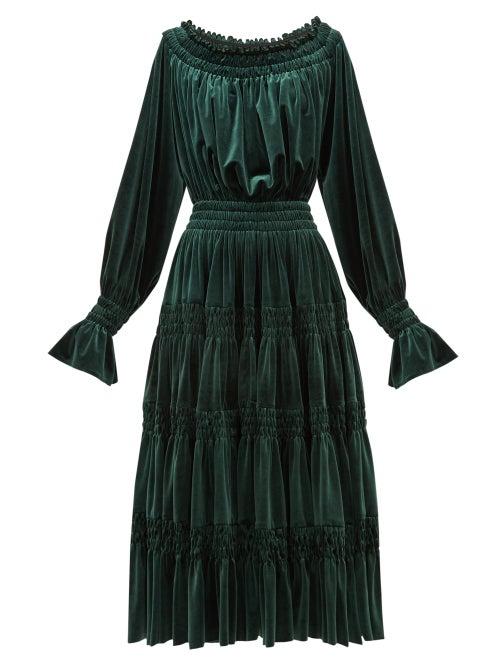 Matchesfashion.com Norma Kamali - Off-the-shoulder Smocked Velvet Midi Dress - Womens - Dark Green