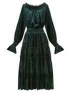 Matchesfashion.com Norma Kamali - Off-the-shoulder Smocked Velvet Midi Dress - Womens - Dark Green