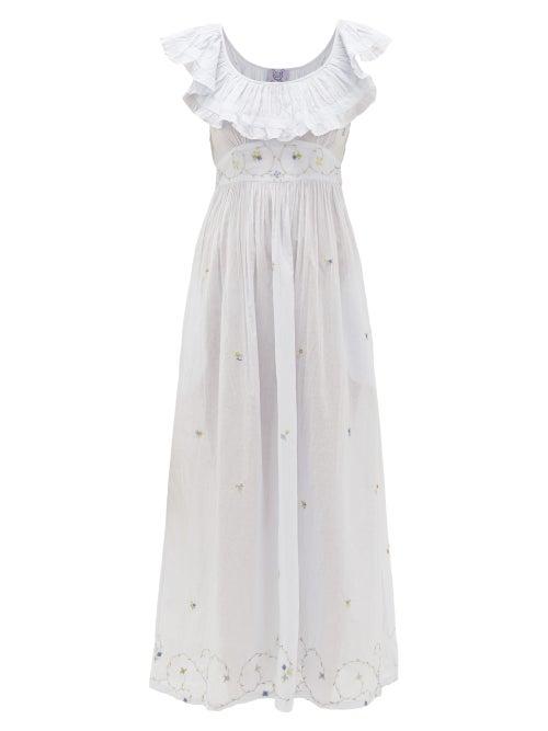 Matchesfashion.com Thierry Colson - Milos Floral-embroidered Cotton-voile Dress - Womens - Light Blue