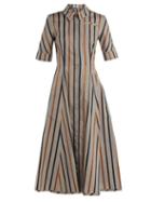 Matchesfashion.com Emilia Wickstead - Jamil Striped Cotton Midi Dress - Womens - Grey Stripe
