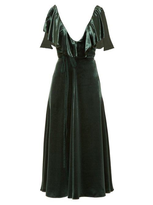 Matchesfashion.com Valentino - Deep V Neck Velvet Midi Dress - Womens - Green