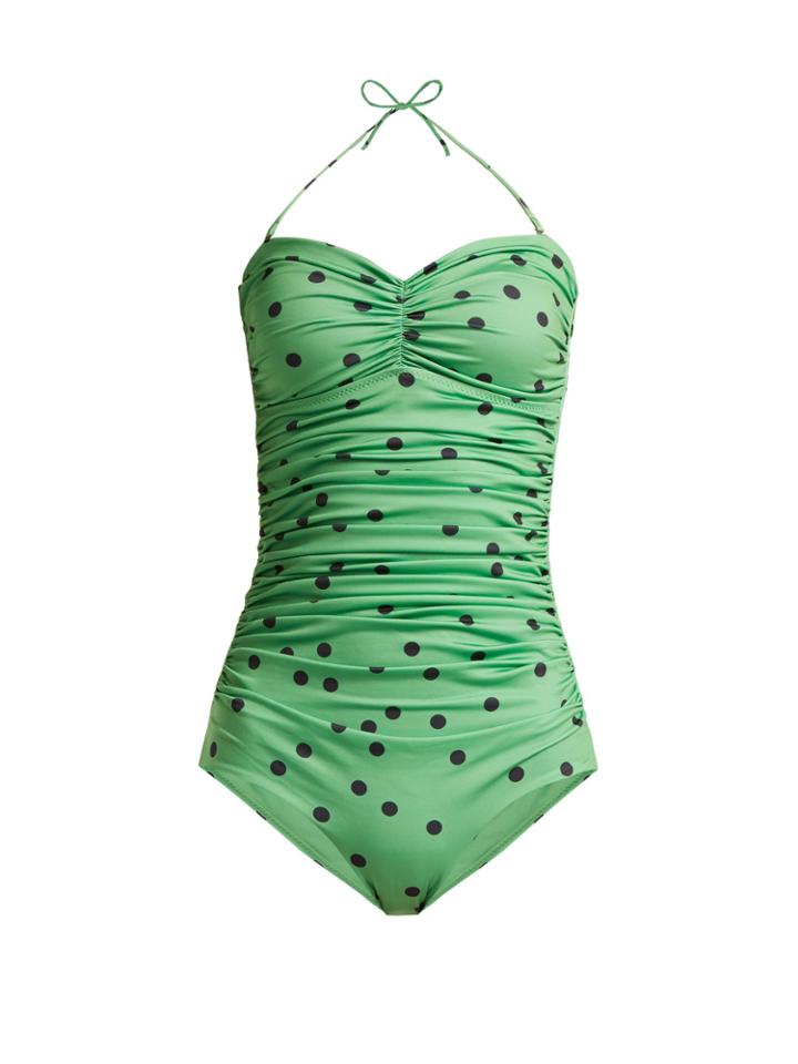 Ganni Clover Polka-dot Ruched Swimsuit