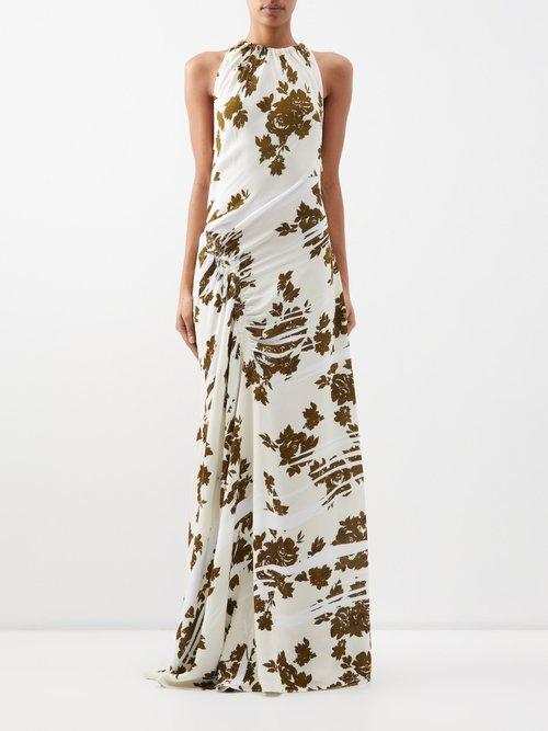 Proenza Schouler - Halterneck Gathered Floral-print Jersey Maxi Dress - Womens - Cream Brown