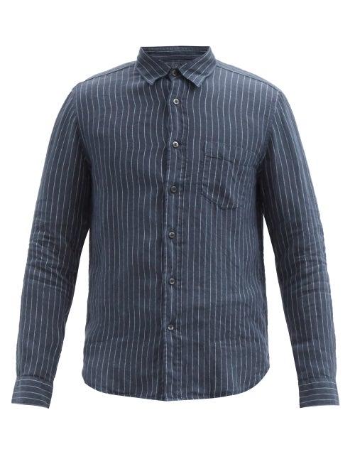 Matchesfashion.com 120% Lino - Pinstriped Crinkled Linen-calico Shirt - Mens - Navy