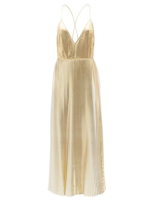 Matchesfashion.com Valentino - V-neck Metallic Pleated-georgette Dress - Womens - Gold