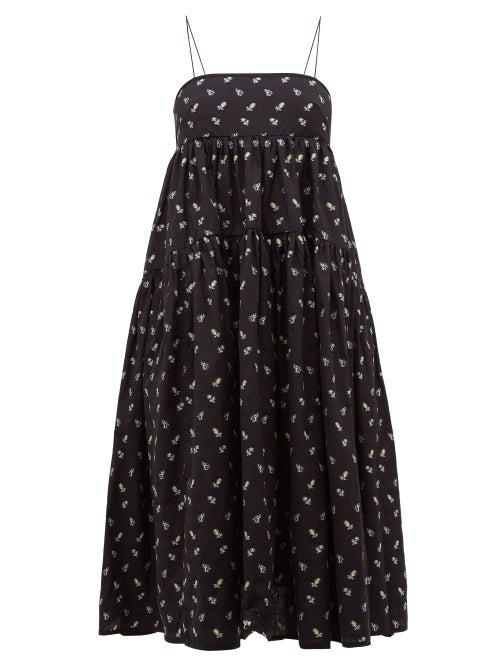 Matchesfashion.com Cecilie Bahnsen - Sofie Floral Embroidered Open Back Cotton Dress - Womens - Black Blue