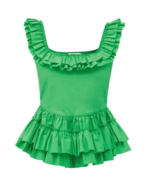 Matchesfashion.com Molly Goddard - Oliver Frilled Square-neck Cotton Top - Womens - Green