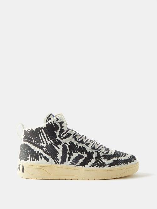 Marni X Veja - V-15 High-top Scribble-print Leather Trainers - Mens - Black White