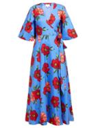 Matchesfashion.com Rebecca De Ravenel - Floral Print Cotton And Silk Blend Wrap Midi Dress - Womens - Blue Multi