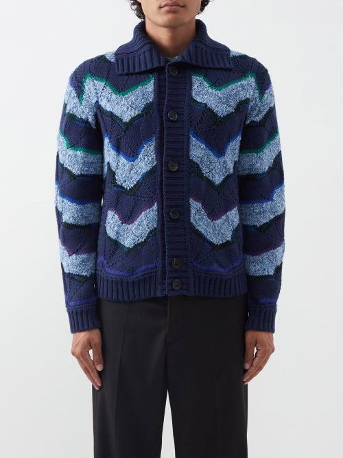 Missoni - Chevron-striped Wool-blend Cardigan - Mens - Blue Multi