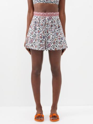 Boteh - Verbena Printed Linen-blend Shorts - Womens - White Multi