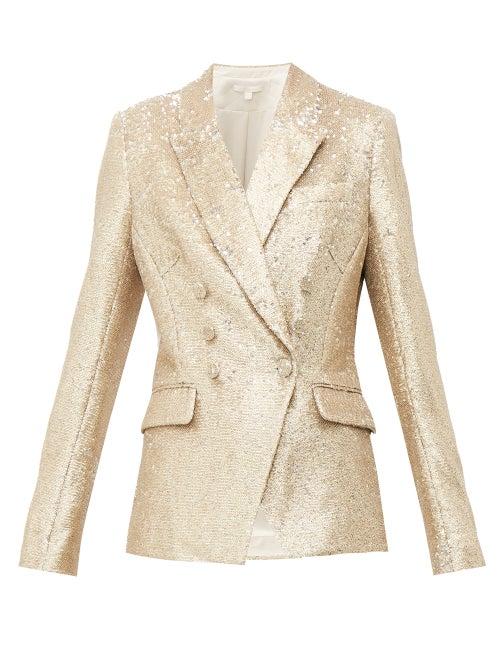 Matchesfashion.com Jonathan Simkhai - Distressed Sequinned Double Breasted Blazer - Womens - Gold