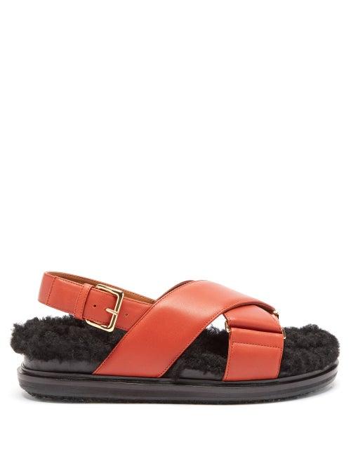 Ladies Shoes Marni - Fussbett Shearling And Leather Sandals - Womens - Tan Multi